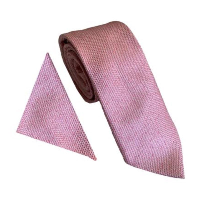 Pink Linen Look Wedding Tie & Pocket Square Set