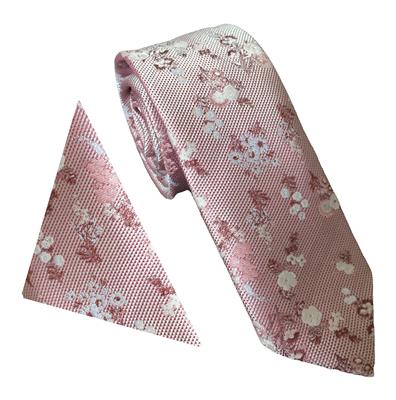 Pink Wide Text Floral Wedding Tie & Pocket Square Set
