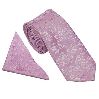 Pink Floral Blossom Wedding Tie & Pocket Square Set