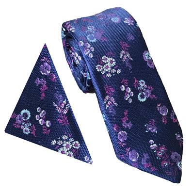 Navy/Pink Wide Text  Floral Wedding Tie & Pocket Square Set
