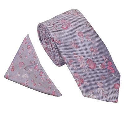 Silver/Pink Wide Text Floral Wedding Tie & Pocket Square Set
