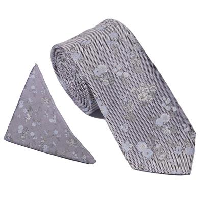Silver/Blue Wide Text Floral Wedding Tie & Pocket Square Set
