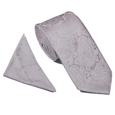 Silver Paisley Wedding Tie & Pocket Square Set
