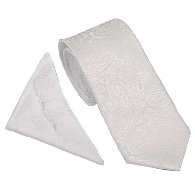 White Paisley Wedding Tie & Pocket Square Set