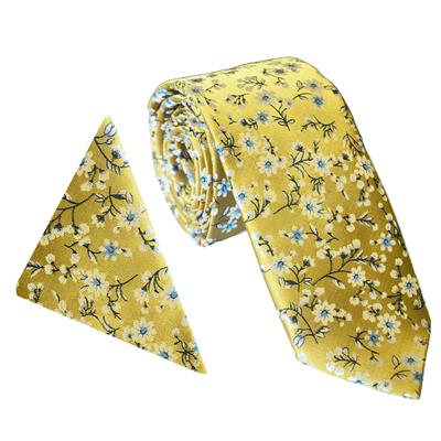 Gold Floral Blossom Wedding Tie & Pocket Square Set