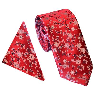Red Floral Blossom Wedding Tie & Pocket Square Set