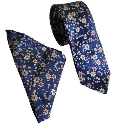 Navy/Cream Floral Blossom Wedding Tie & Pocket Square Set