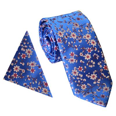 Blue/Red Floral Blossom Wedding Tie & Pocket Square Set