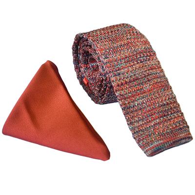 Rust Knitted Tweed Wedding Tie & Satin Pocket Square Set