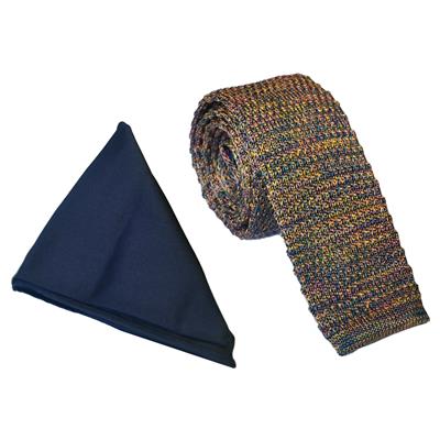 Navy Knitted Tweed Wedding Tie & Satin Pocket Square Set