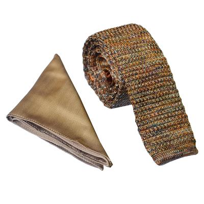 Taupe Knitted Tweed Wedding Tie & Satin Pocket Square Set
