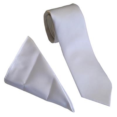 White Poly Satin Wedding Tie & Pocket Square Set