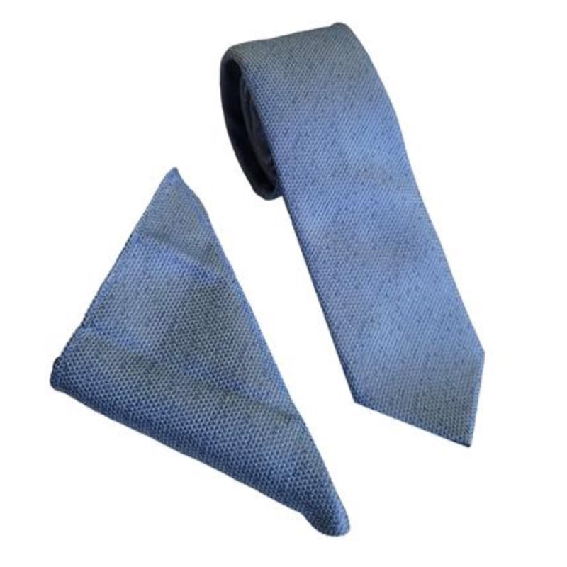 Light Blue Linen Look Wedding Tie & Pocket Square Set