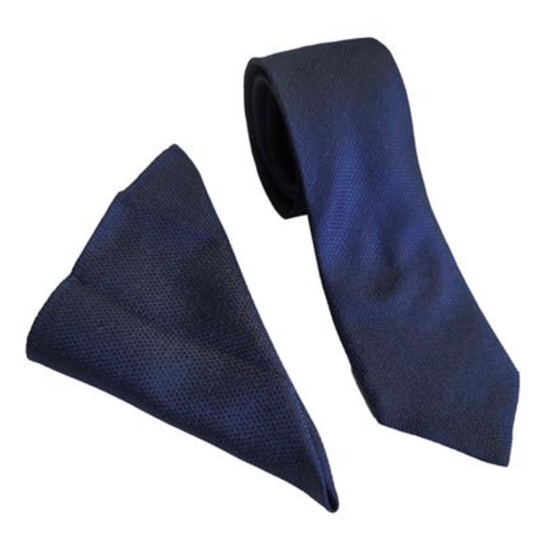 Navy Linen Look Wedding Tie & Pocket Square Set