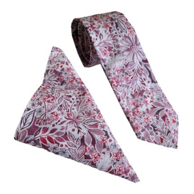 White/Red Cotton Print Wedding Tie & Pocket Square Set