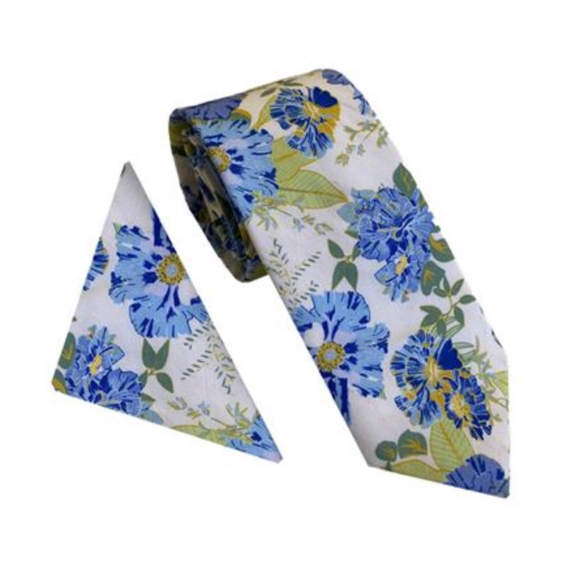 Cream/Blue Cotton Print Wedding Tie & Pocket Square Set