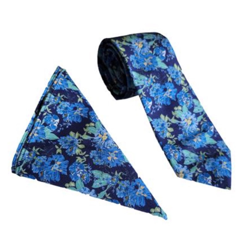 Navy/Blue Cotton Print Wedding Tie & Pocket Square Set