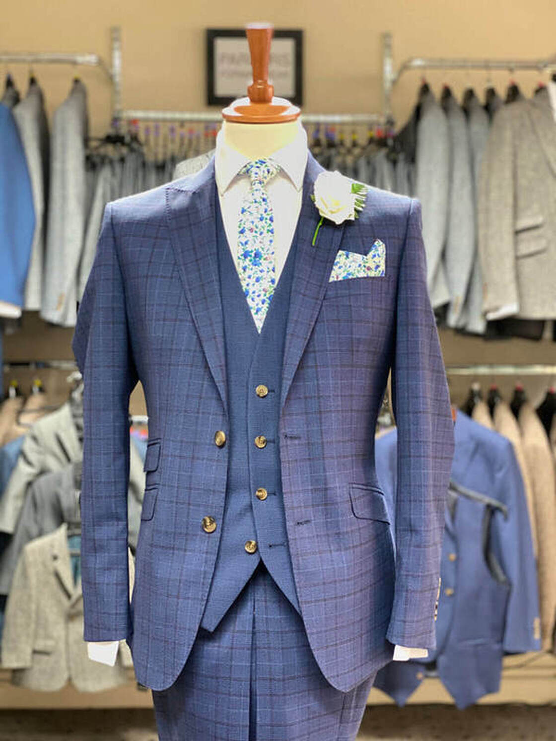 Blue Check Suit with Shark Tooth Waistcoat